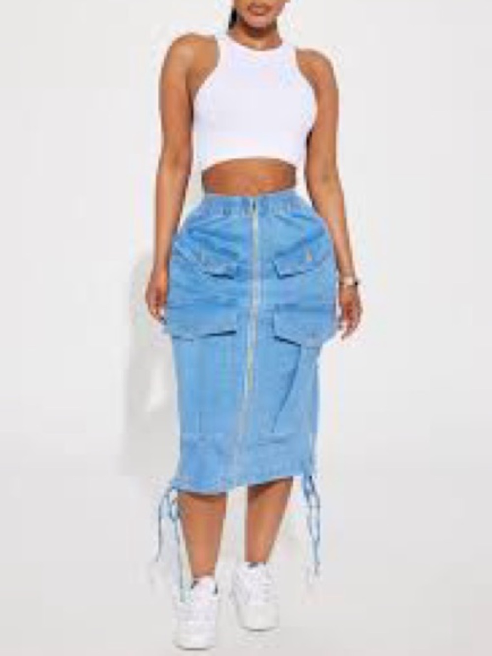 Fashion Nova Light Blue Denim Cargo Midi Skirt with Front Zip